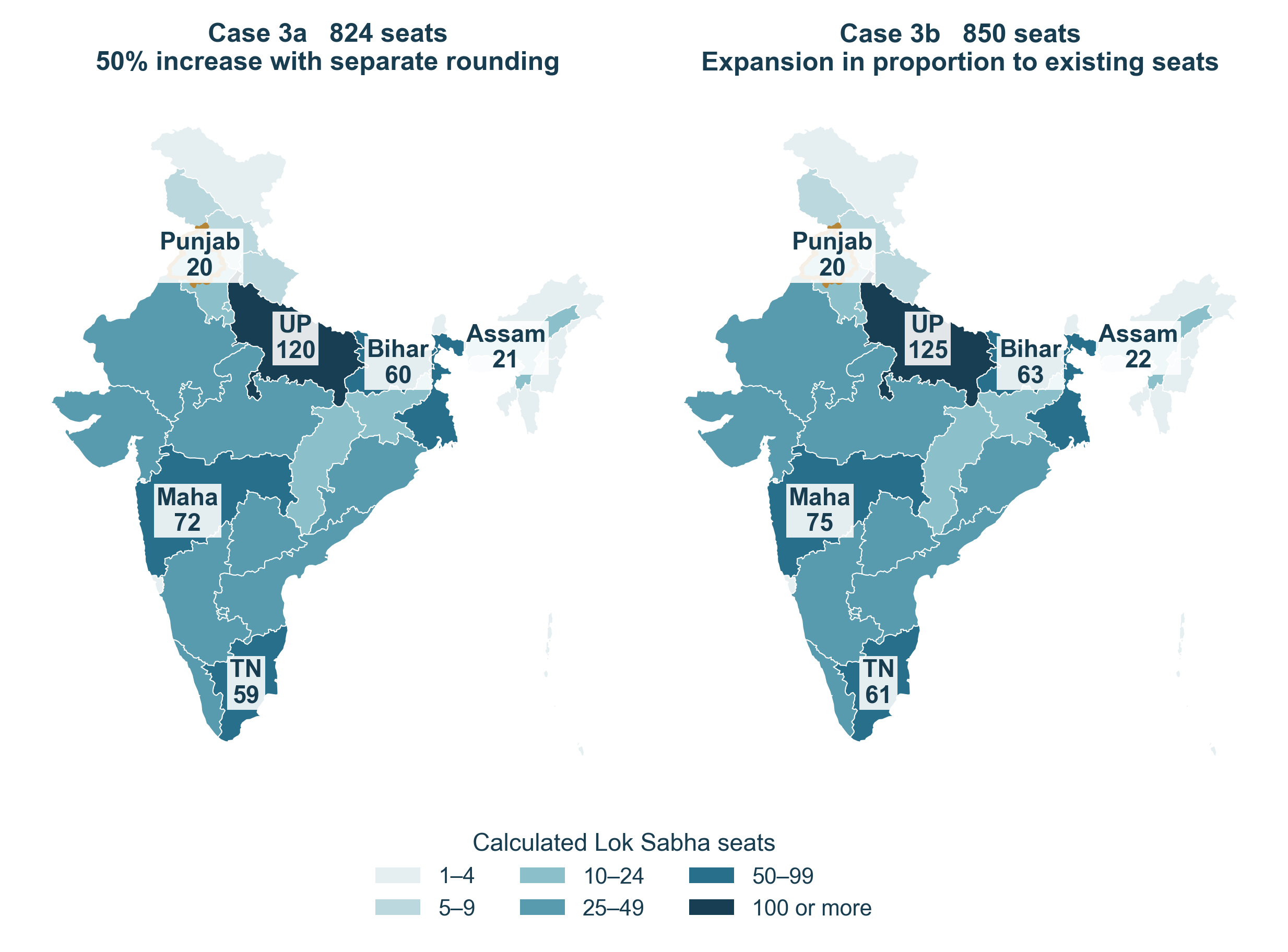 Two maps compare the 824-seat and 850-seat proportional-increase calculations. Punjab receives 20 in both.