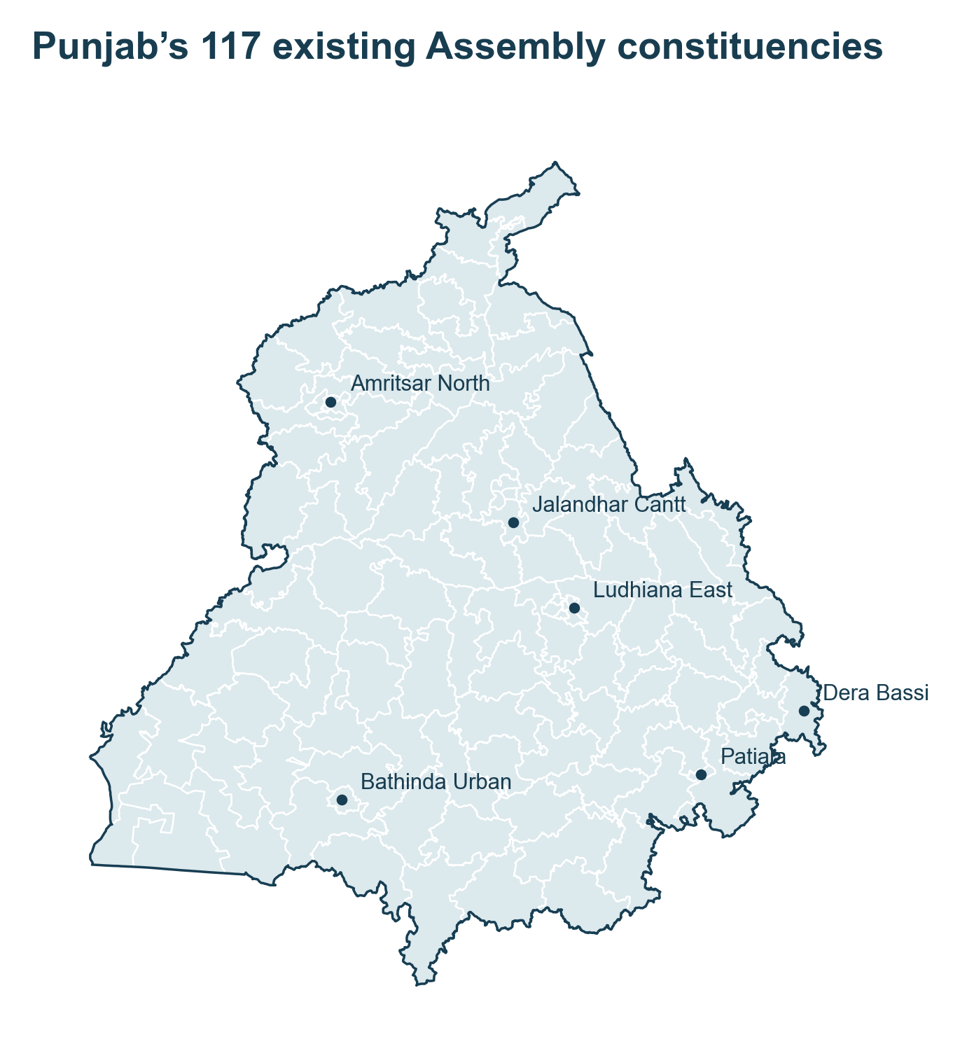 Existing Punjab Assembly outlines with six selected constituency labels and no proposed future boundaries.