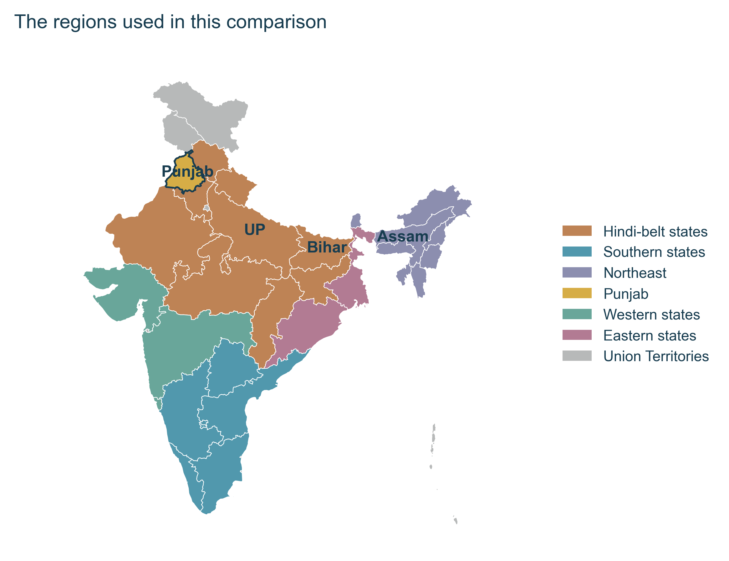 India map coloured by the seven geographic reporting groups used in the article.
