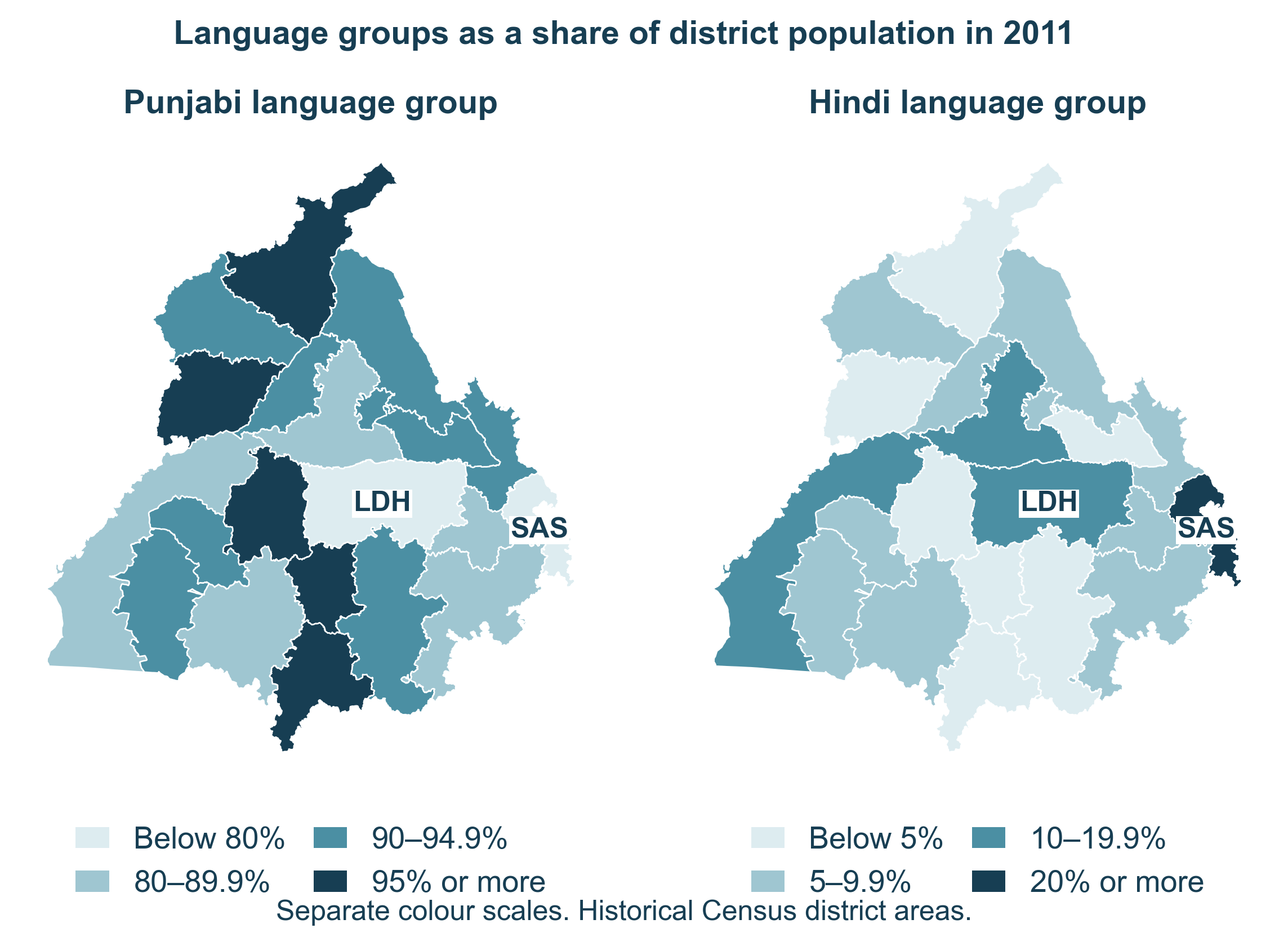 Two Punjab district maps showing the Punjabi and Hindi language-group shares of population in 2011, each with a separately labelled percentage scale