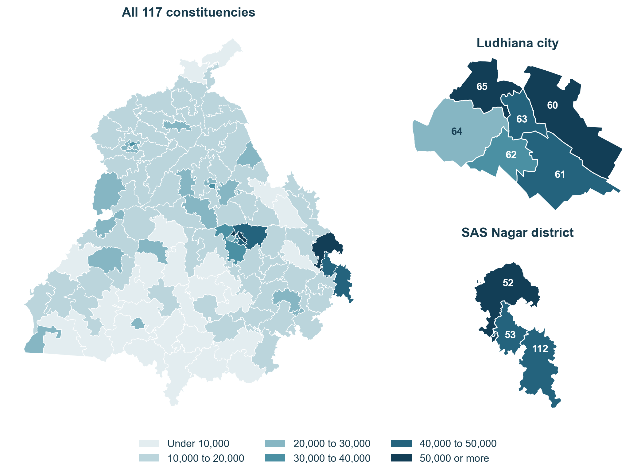 Illustrative constituency outlines showing ASDD counts across all 117 constituencies, with enlarged views of Ludhiana city and SAS Nagar.